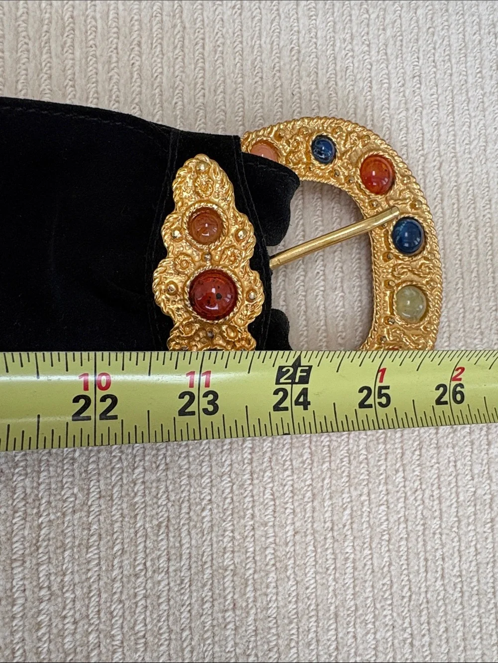 Black Suede Leather Belt with Gold Gem-Studded Buckle
